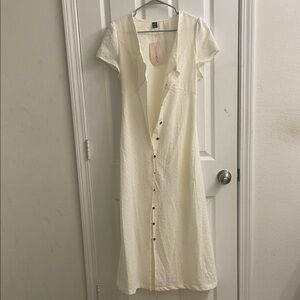 Cream Button-Front Midi Dress